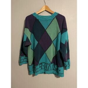 Vintage Generra Sweater Mens Large Teal Purple Argyle Knit Ramie Cotton 80s READ